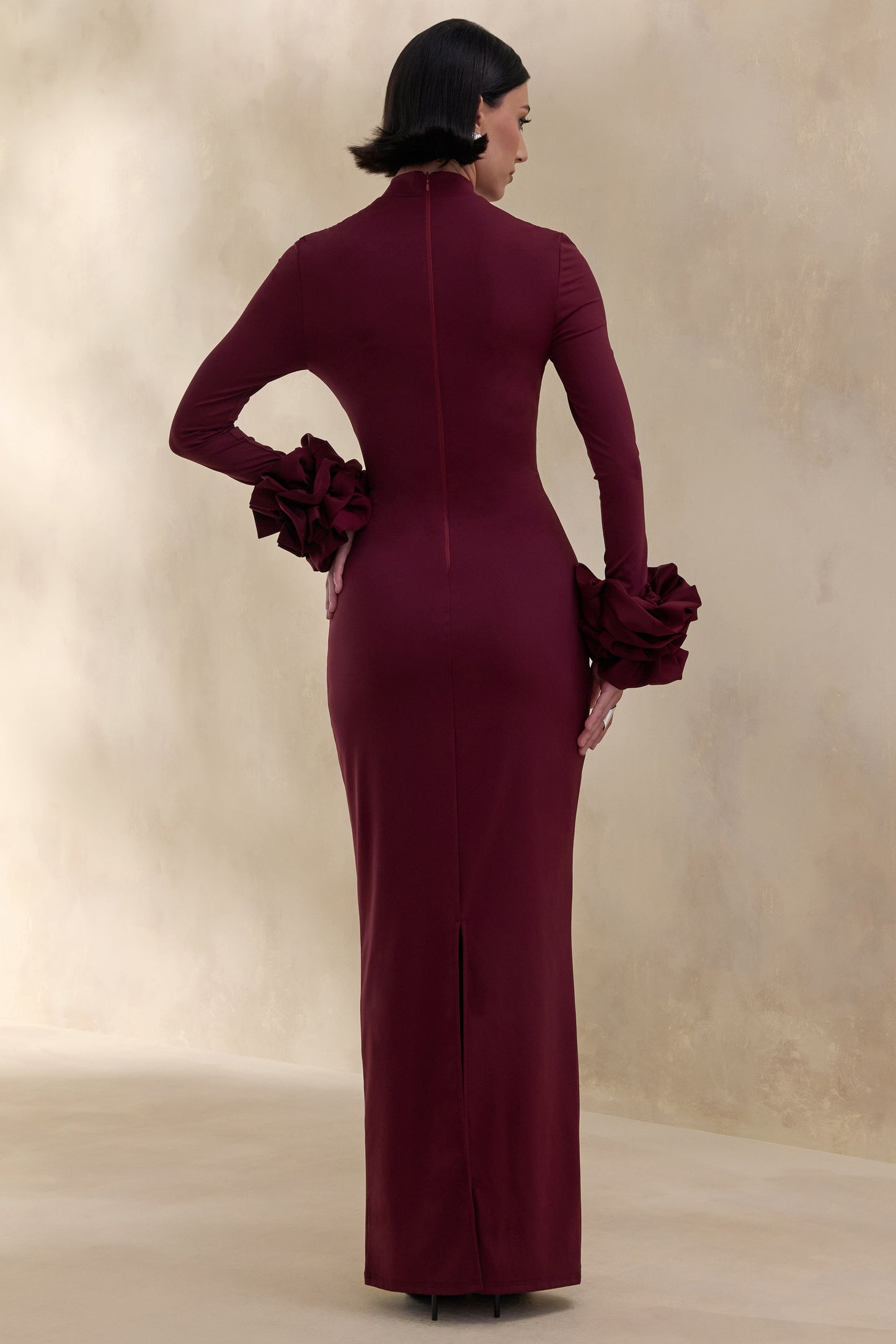 Jaselle | Dark Plum High-Neck Maxi Dress With Ruffled Satin-Cuffs