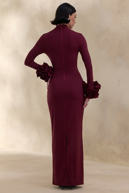 Jaselle | Dark Plum High-Neck Maxi Dress With Ruffled Satin-Cuffs