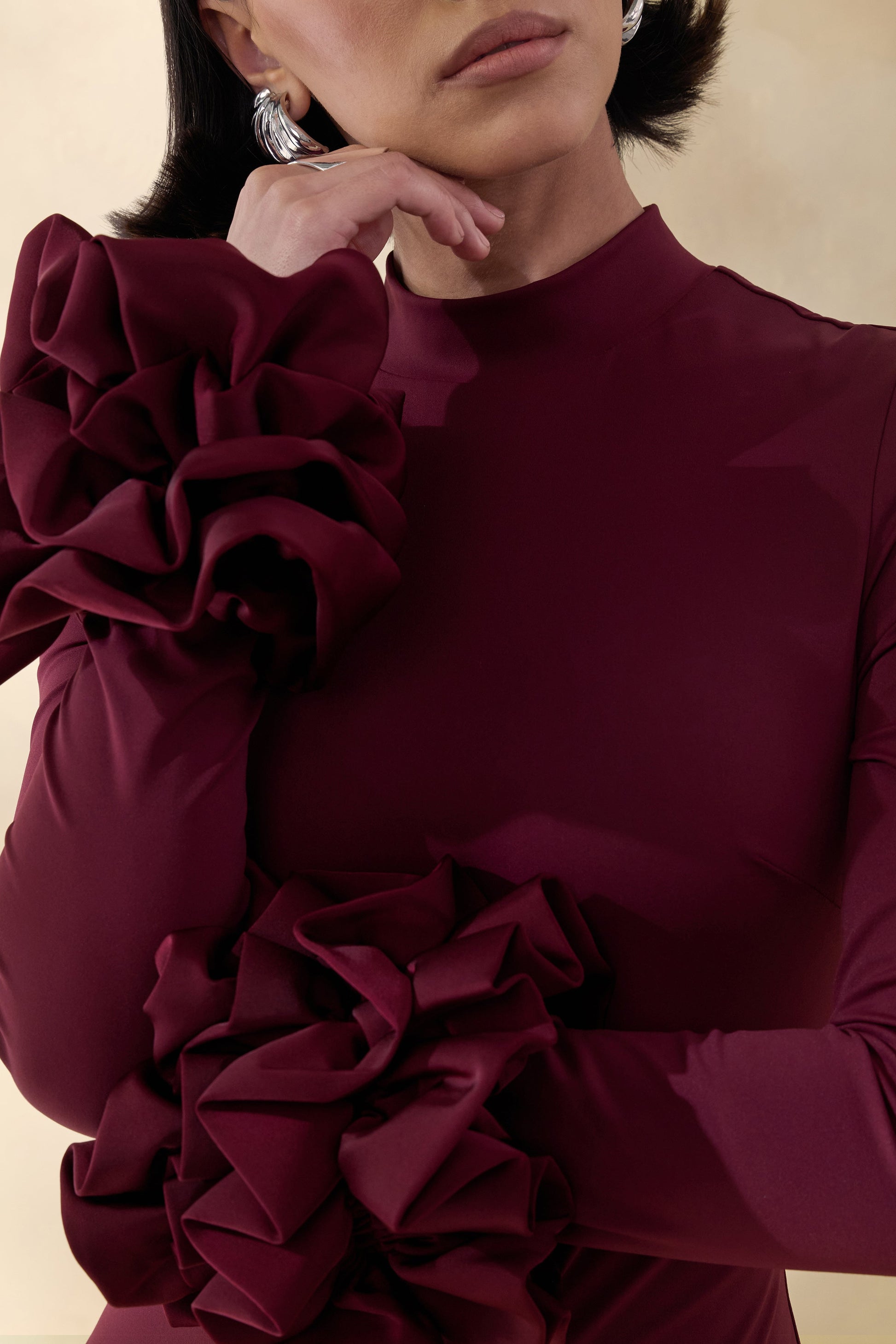 Jaselle | Dark Plum High-Neck Maxi Dress With Ruffled Satin-Cuffs