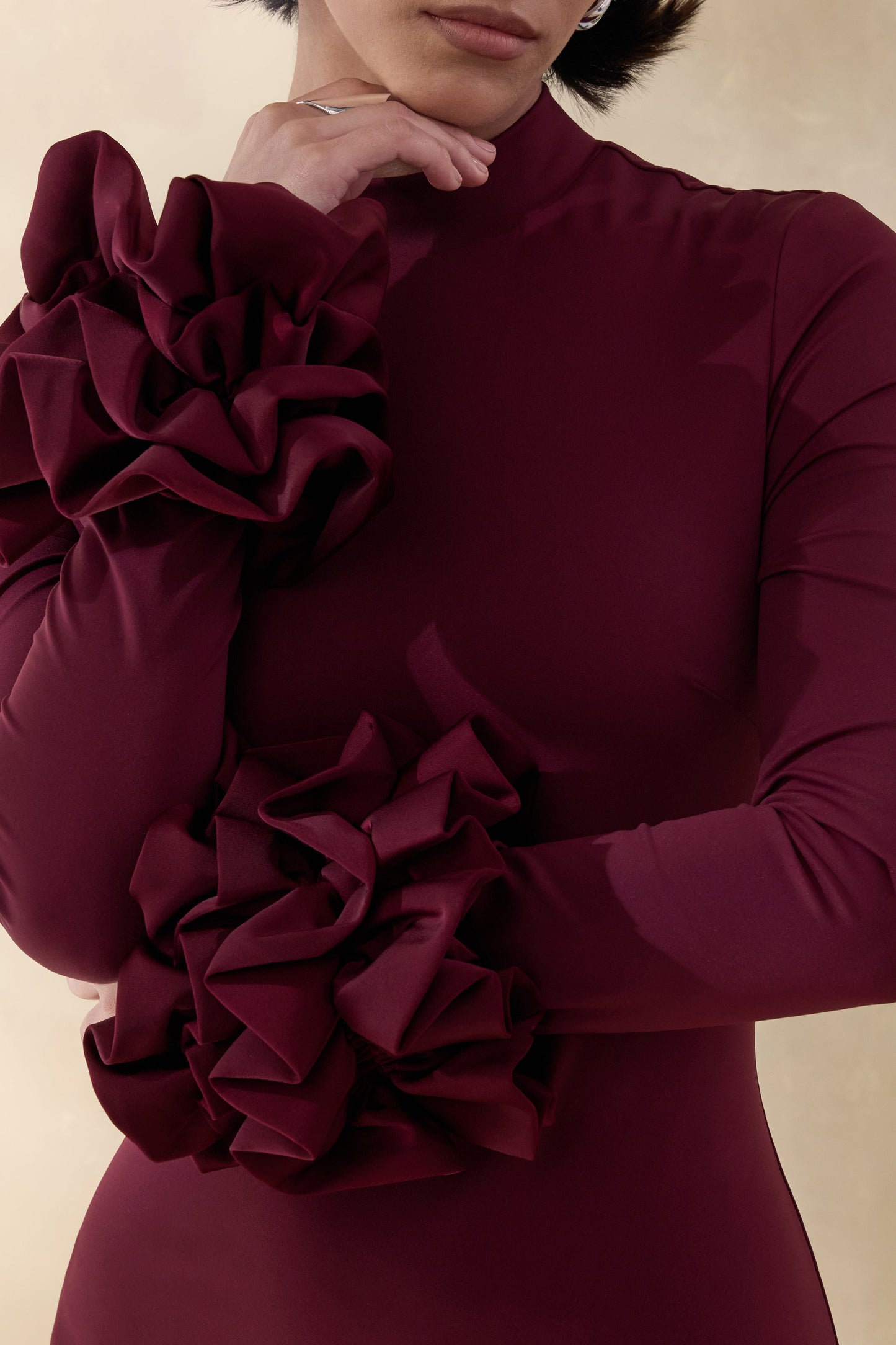 Jaselle | Dark Plum High-Neck Maxi Dress With Ruffled Satin-Cuffs