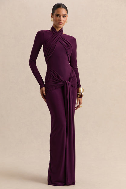 Linessa | Dark Plum High-Neck Maxi Dress With Sash And Gathered-Detailing