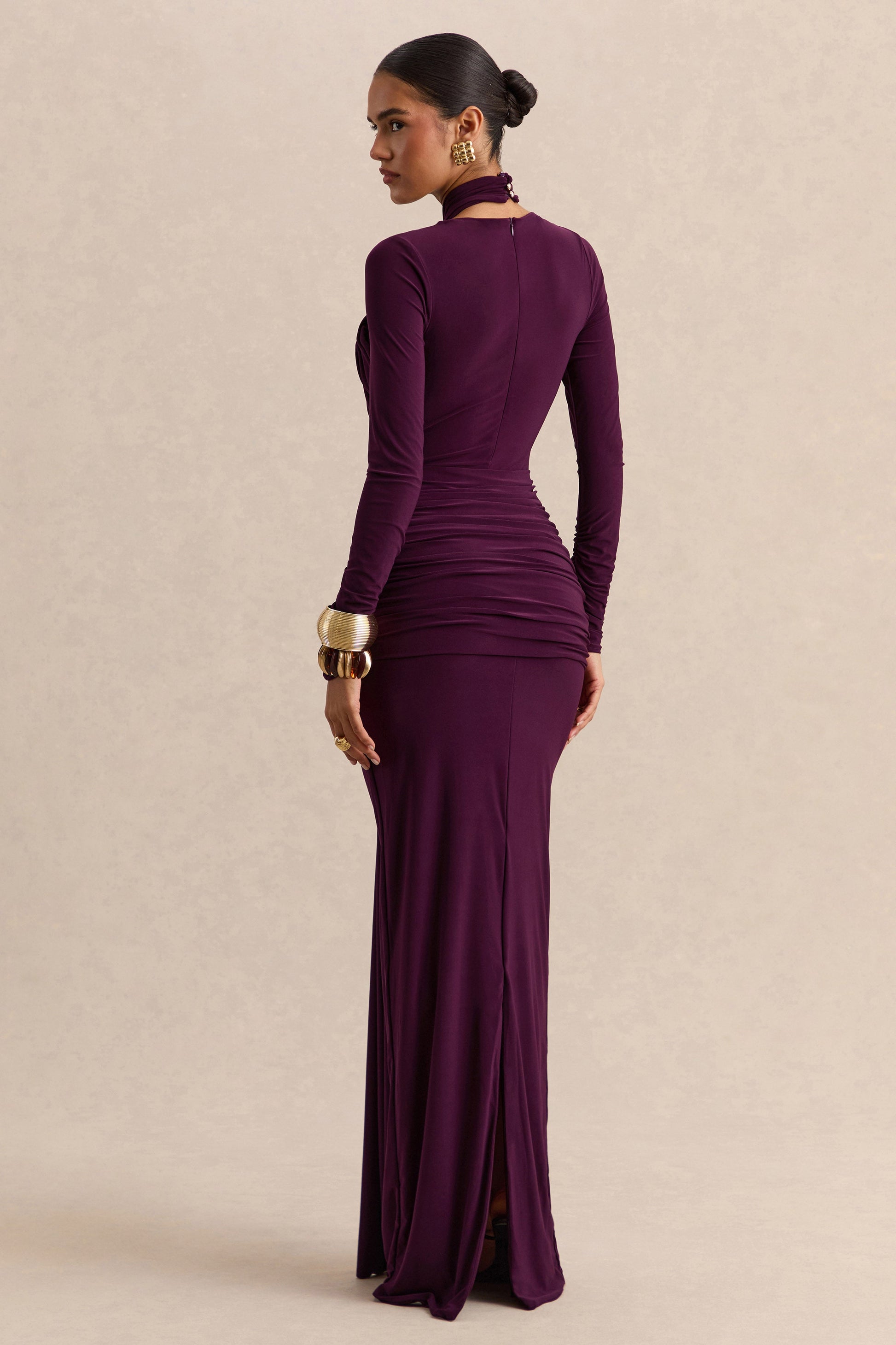 Linessa | Dark Plum High-Neck Maxi Dress With Sash And Gathered-Detailing