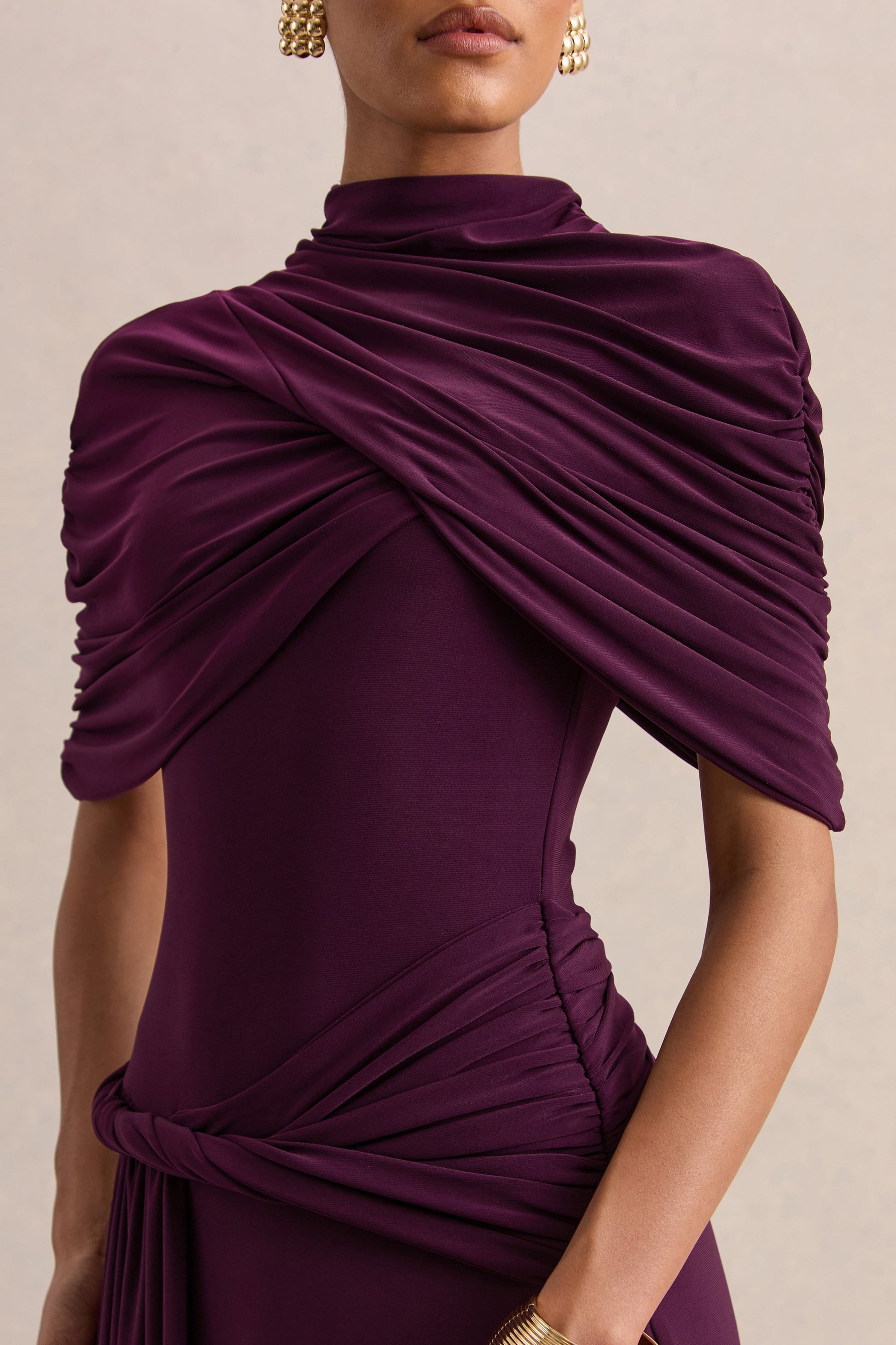 Evelisse | Plum High-Neck Maxi Dress With Short-Cape Sleeves