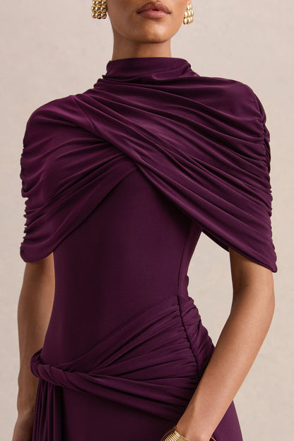 Evelisse | Plum High-Neck Maxi Dress With Short-Cape Sleeves