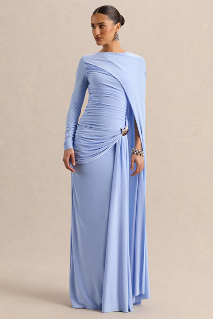Orintha | Powder Blue Wide-Neck Maxi Dress With Cape And Gold-Detail