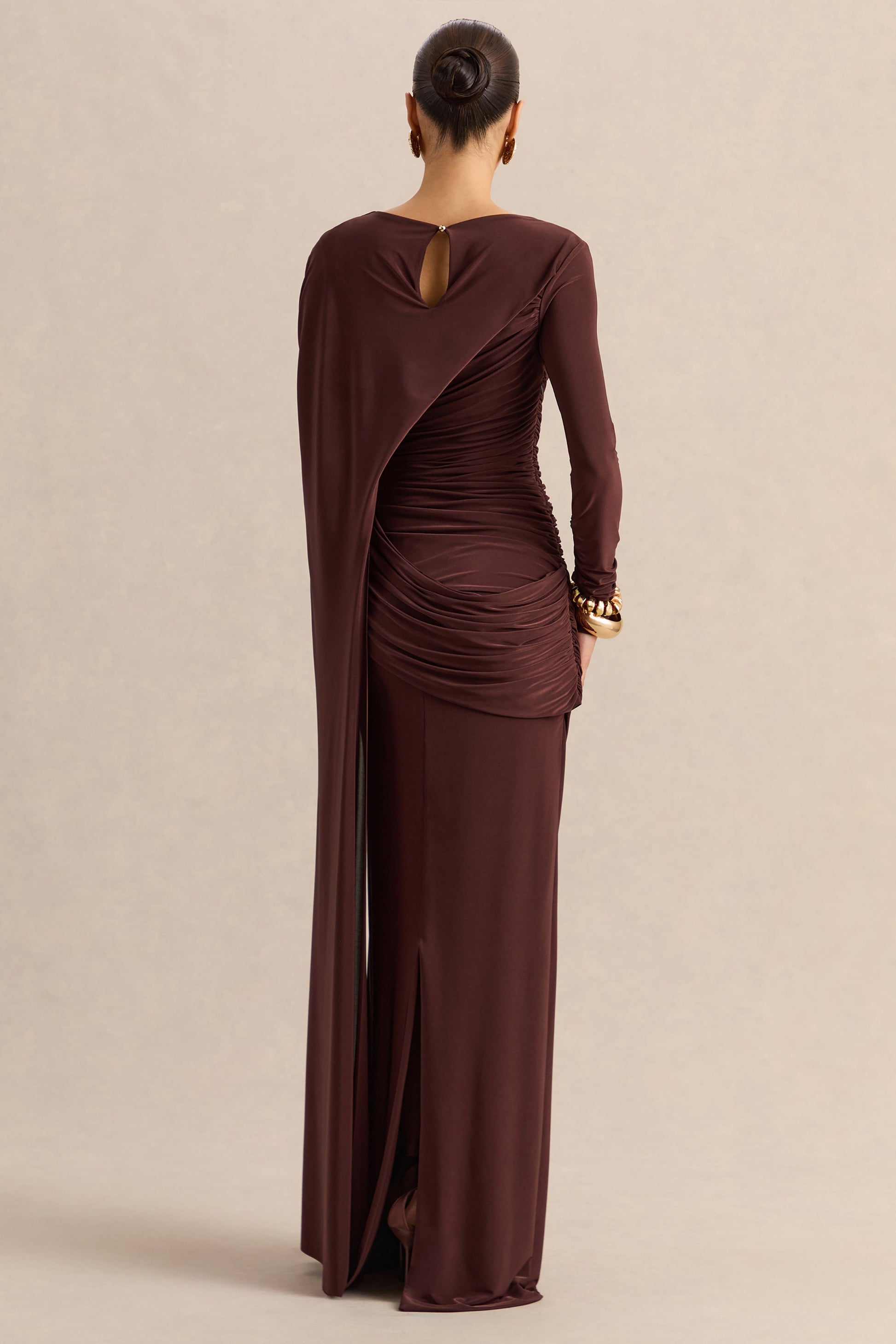 Orintha | Brown Slashed-Neck Maxi Dress With Cape And Gold-Detail