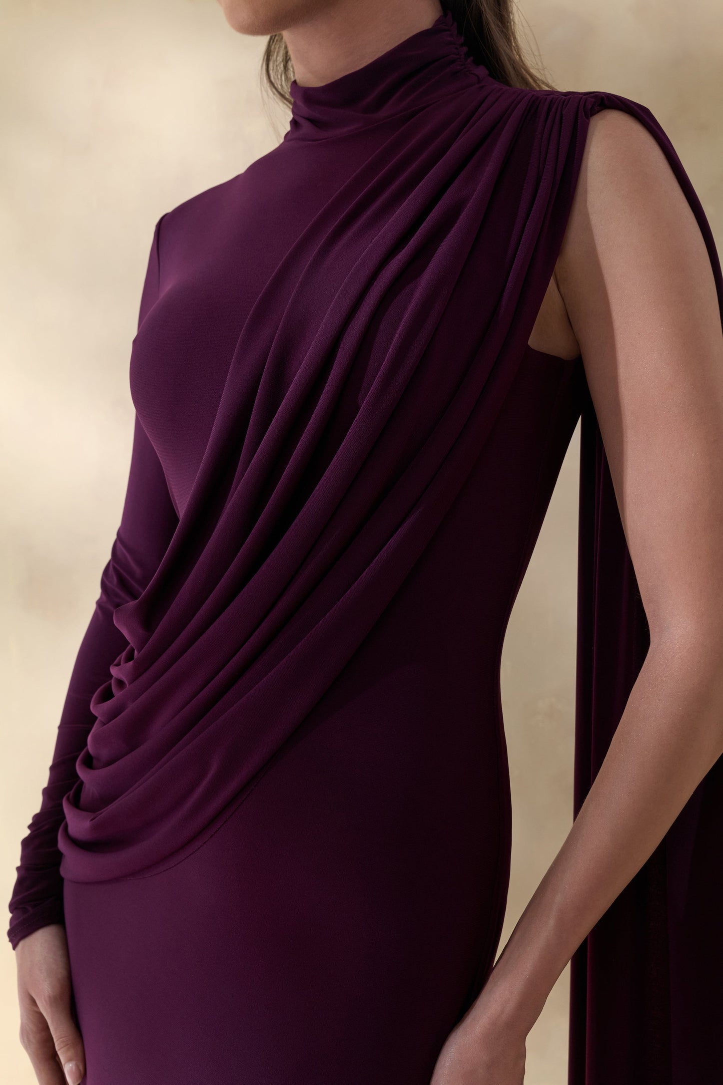 Oliria | Dark Plum High-Neck Maxi Dress With One-Long Sleeve And Sash-Detail