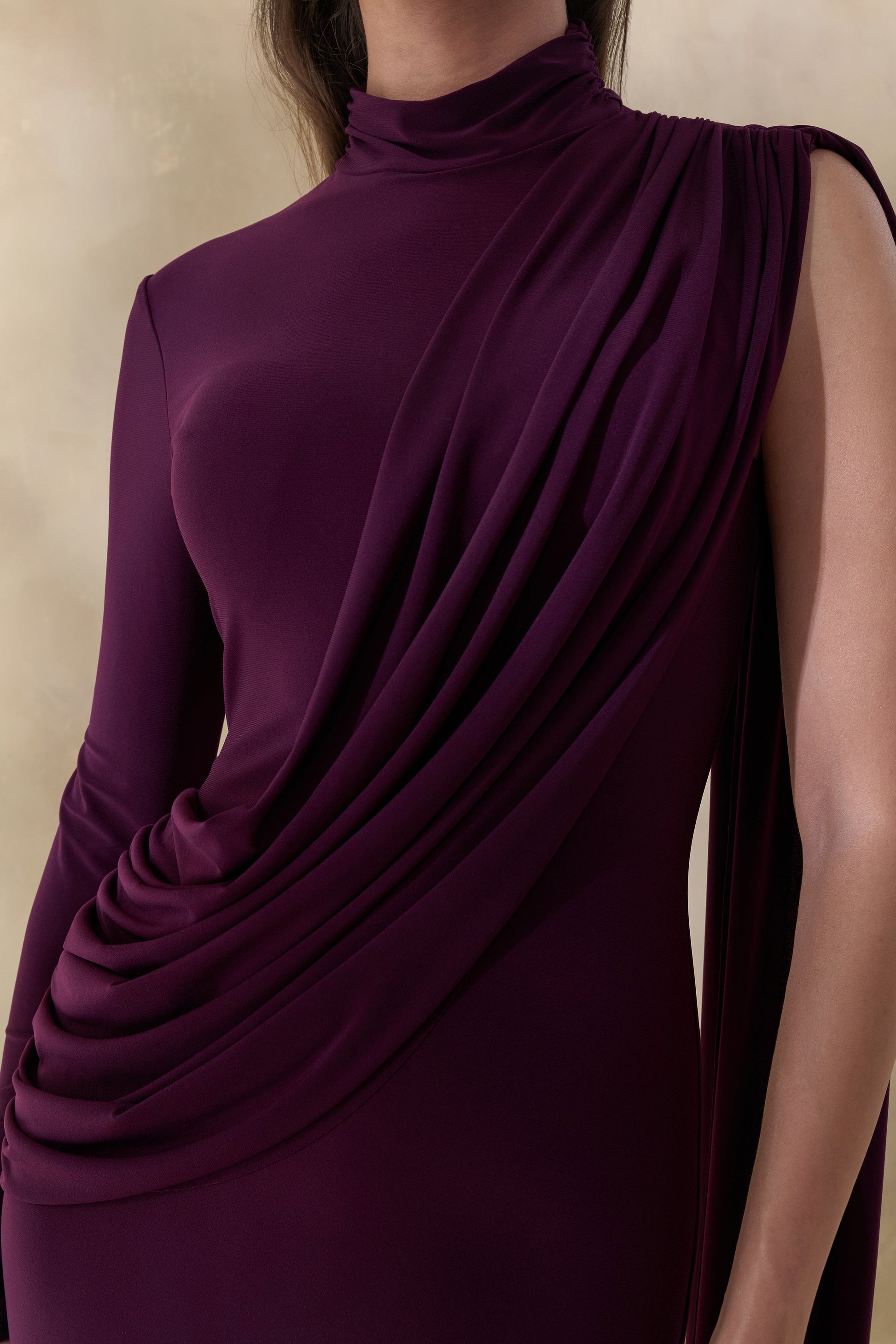 Oliria | Dark Plum High-Neck Maxi Dress With One-Long Sleeve And Sash-Detail