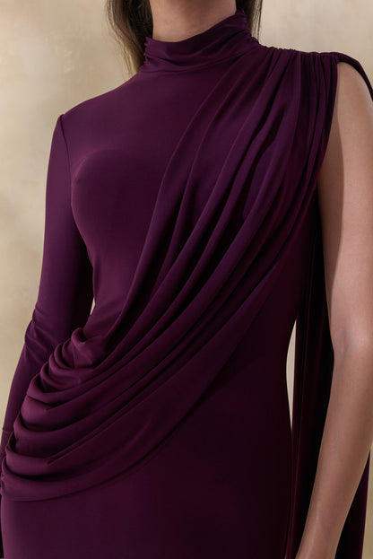 Oliria | Dark Plum High-Neck Maxi Dress With One-Long Sleeve And Sash-Detail