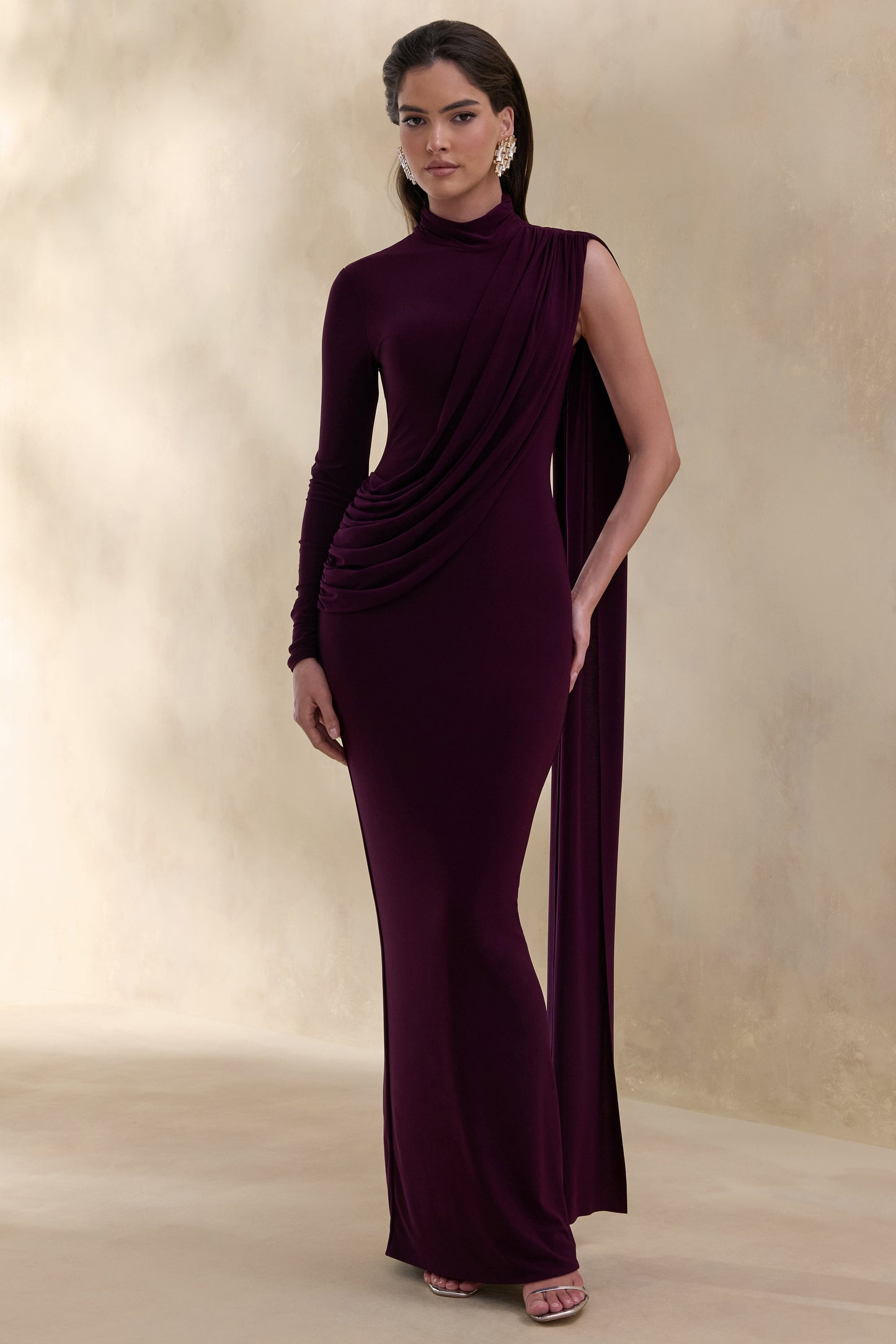 Oliria | Dark Plum High-Neck Maxi Dress With One-Long Sleeve And Sash-Detail