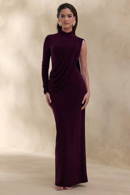 Oliria | Dark Plum High-Neck Maxi Dress With One-Long Sleeve And Sash-Detail