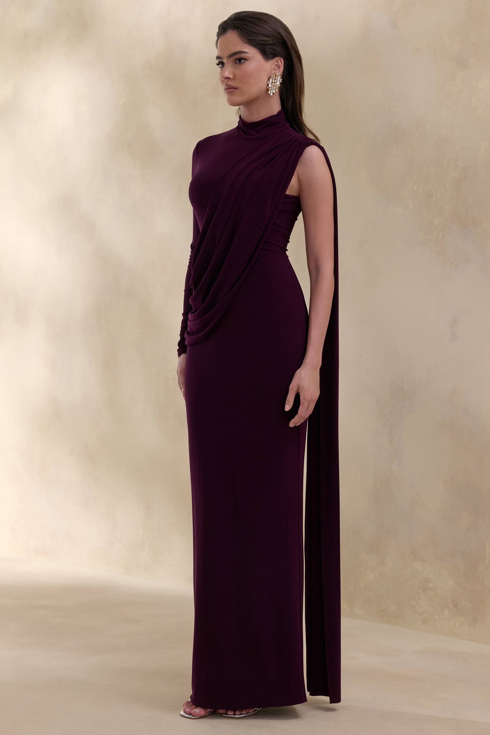 Oliria | Dark Plum High-Neck Maxi Dress With One-Long Sleeve And Sash-Detail