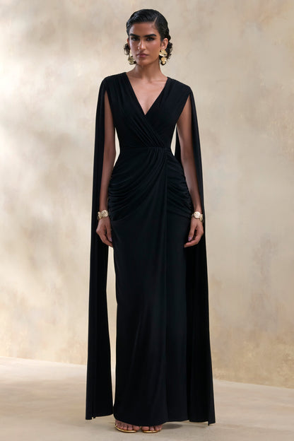 Ulissia | Black V-Neck Maxi Dress With Cape-Sleeves