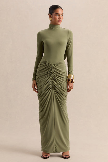 Harmona | Olive High-Neck Maxi Dress With Gathered And Draped-Detailing