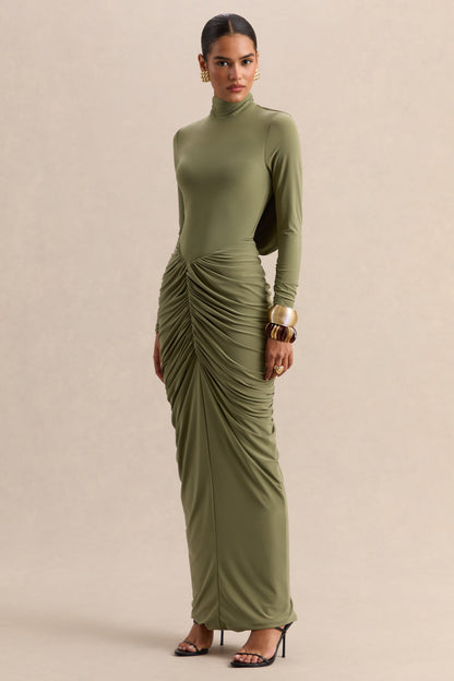 Harmona | Olive High-Neck Maxi Dress With Gathered And Draped-Detailing