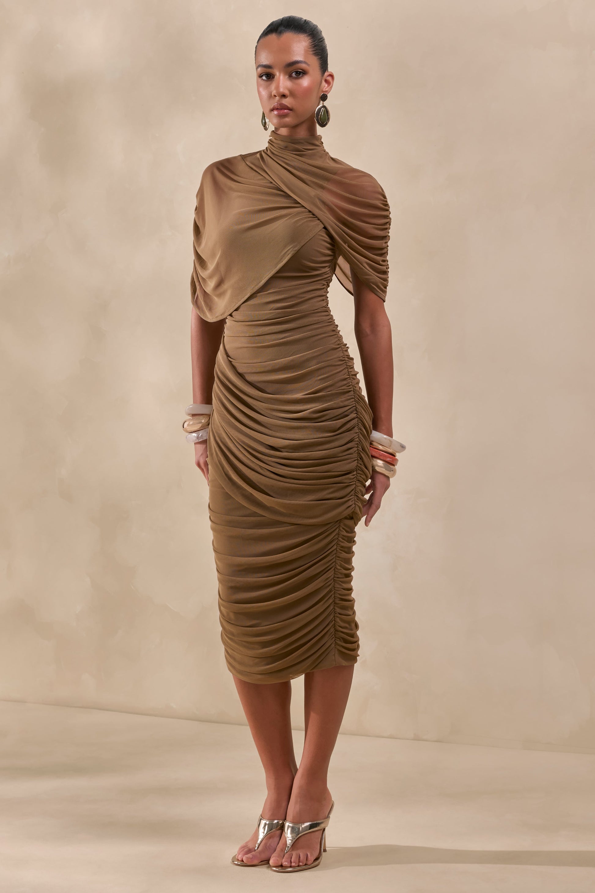 Fleurise | Olive Mesh High-Neck Midi Dress With Short Cape-Sleeves And Gathered-Detailing