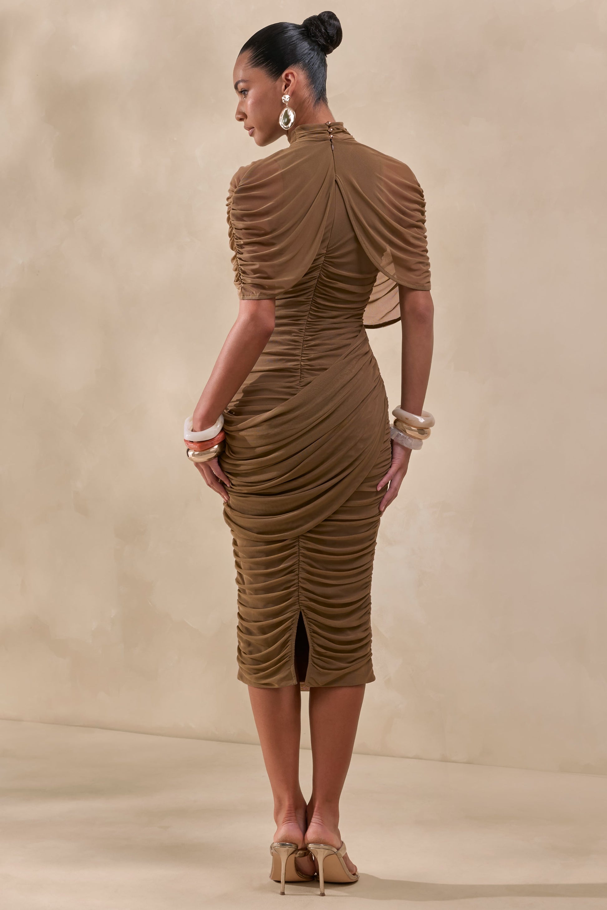 Fleurise | Olive Mesh High-Neck Midi Dress With Short Cape-Sleeves And Gathered-Detailing