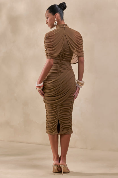 Fleurise | Olive Mesh High-Neck Midi Dress With Short Cape-Sleeves And Gathered-Detailing