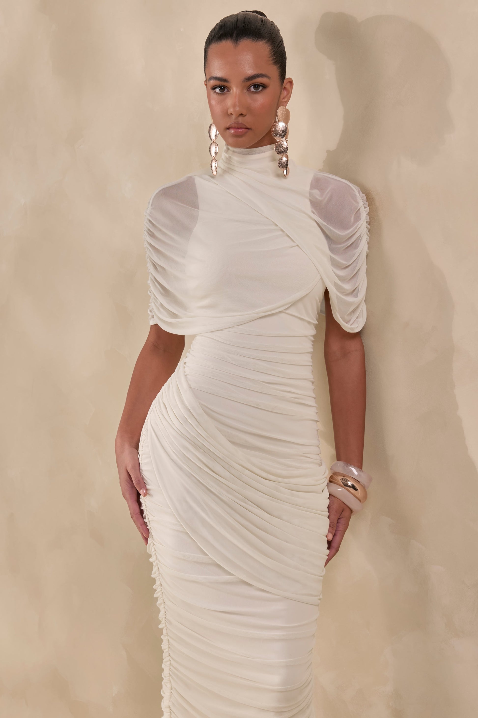 Fleurise | Cream Mesh High-Neck Midi Dress With Short Cape-Sleeves And Gathered-Detailing