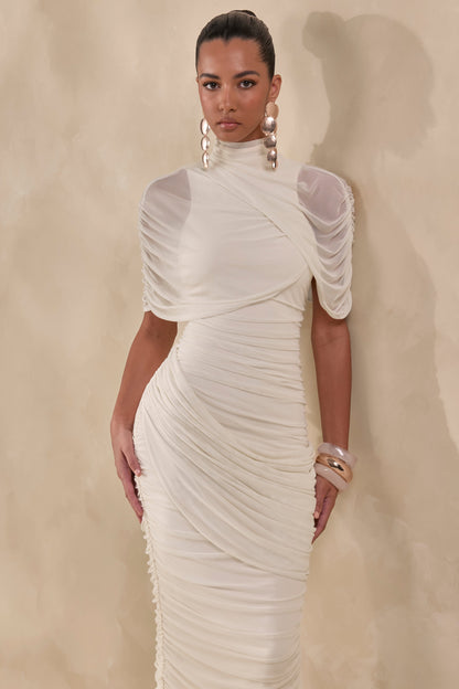 Fleurise | Cream Mesh High-Neck Midi Dress With Short Cape-Sleeves And Gathered-Detailing