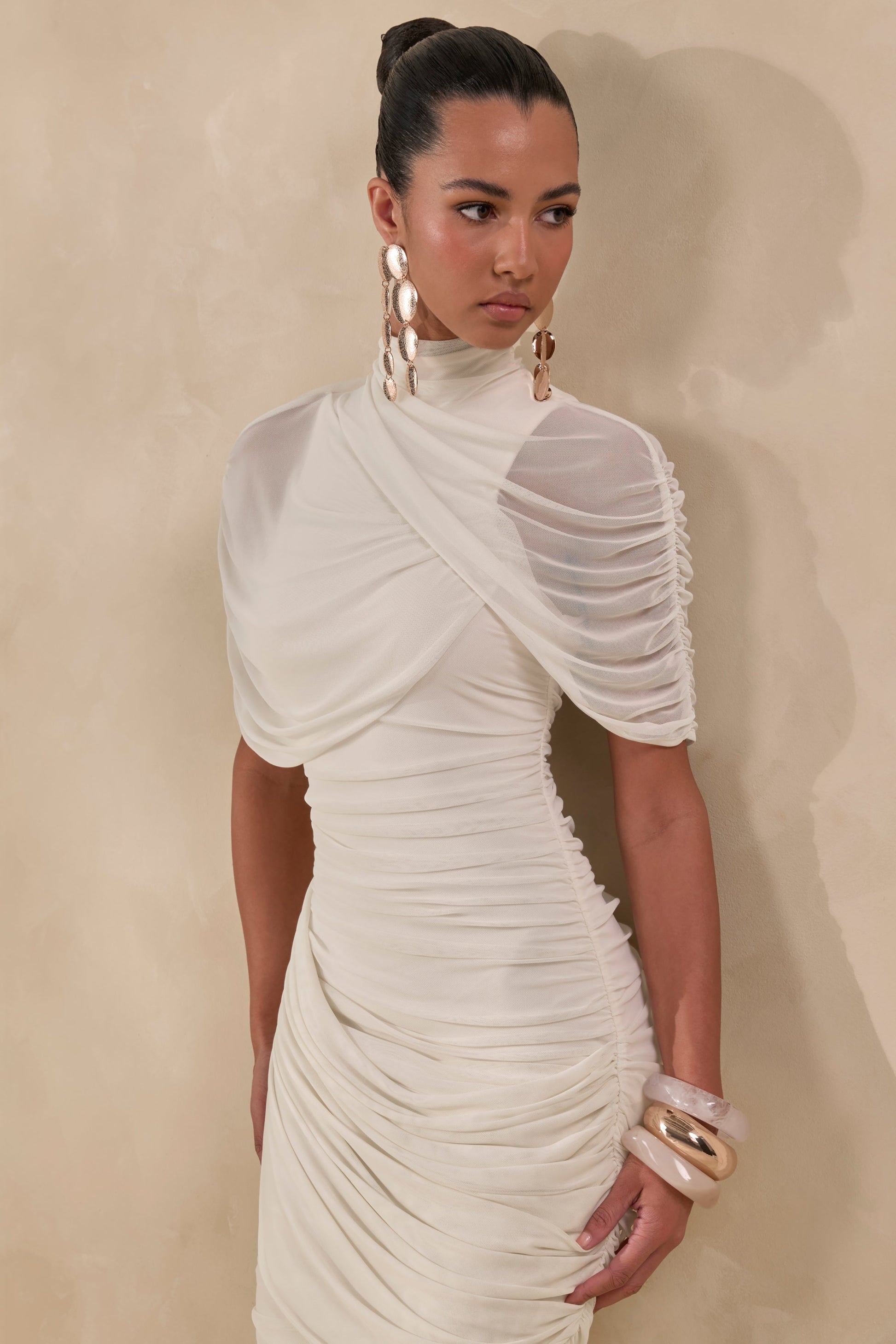 Fleurise | Cream Mesh High-Neck Midi Dress With Short Cape-Sleeves And Gathered-Detailing