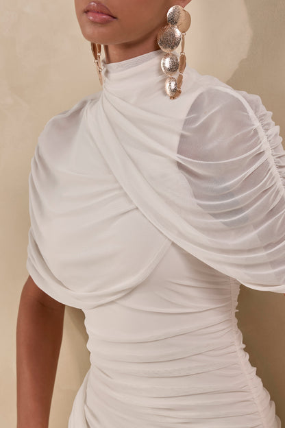 Fleurise | Cream Mesh High-Neck Midi Dress With Short Cape-Sleeves And Gathered-Detailing