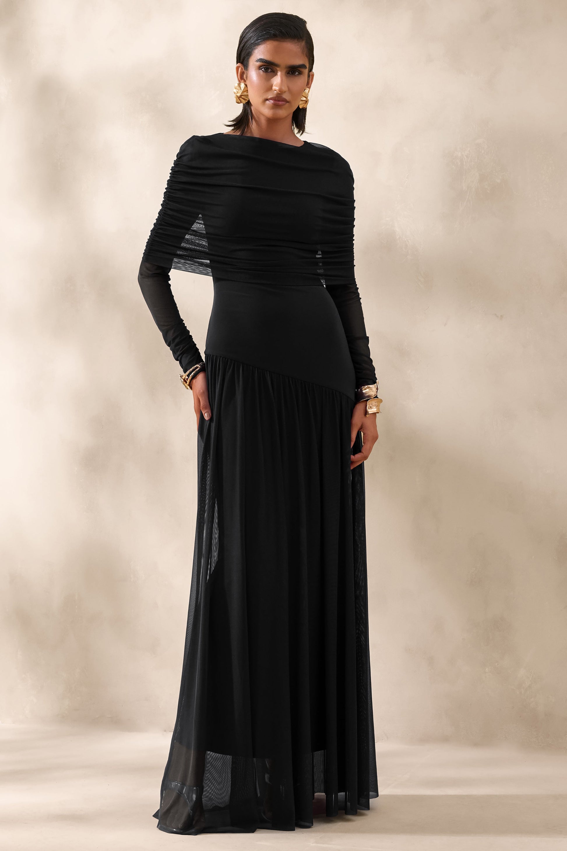 Enalia | Black Mesh Slashed-Neck Maxi Dress With Short-Cape