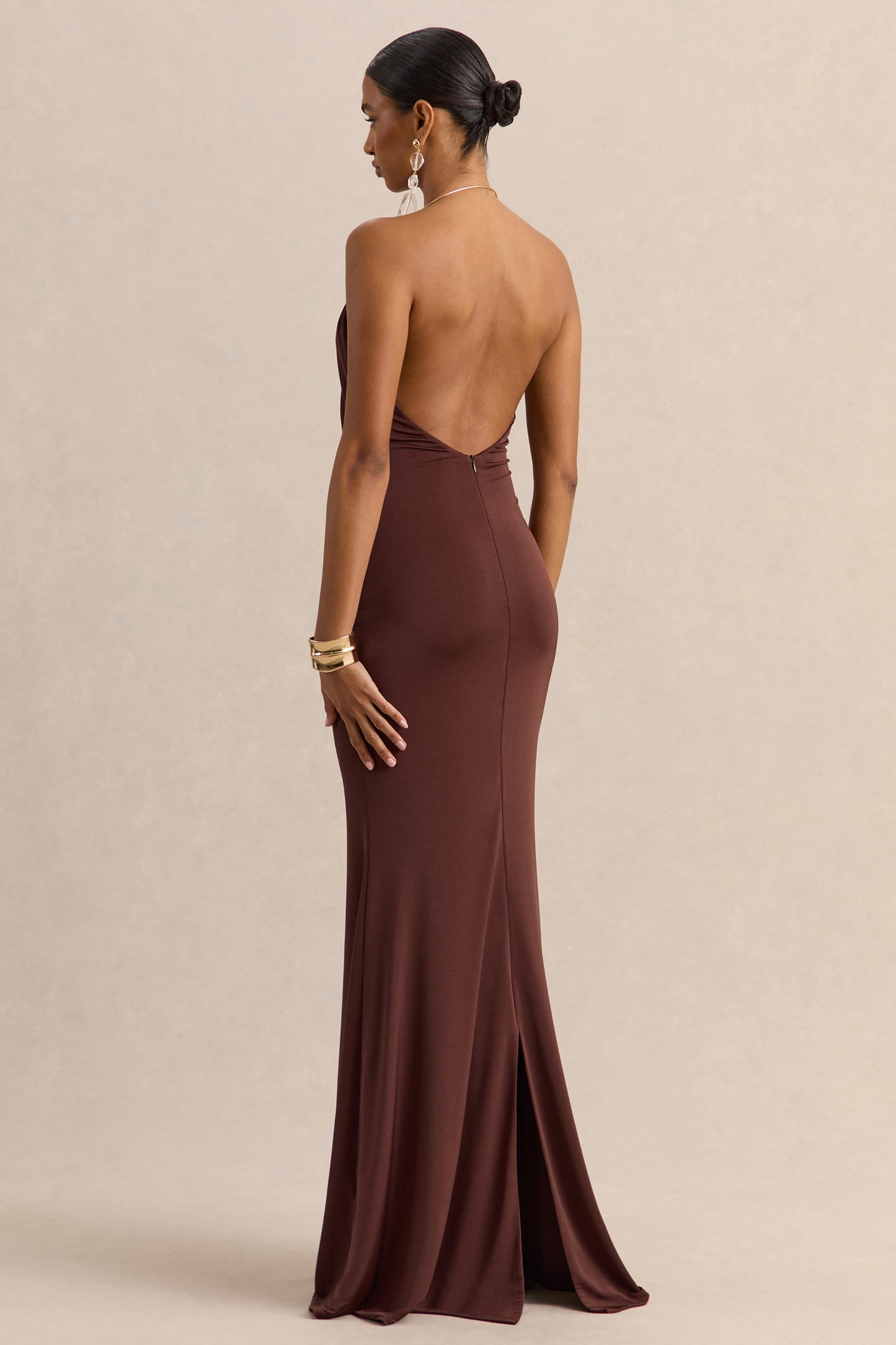 Chanterra | Brown Halter-Neck Maxi Dress With Draped-Detailing
