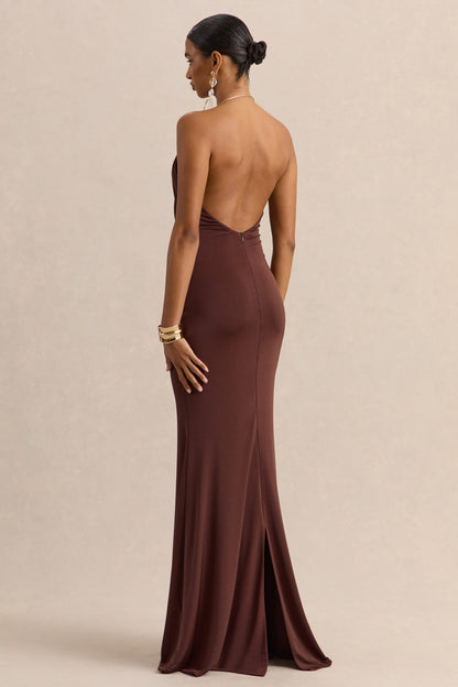 Chanterra | Brown Halter-Neck Maxi Dress With Draped-Detailing