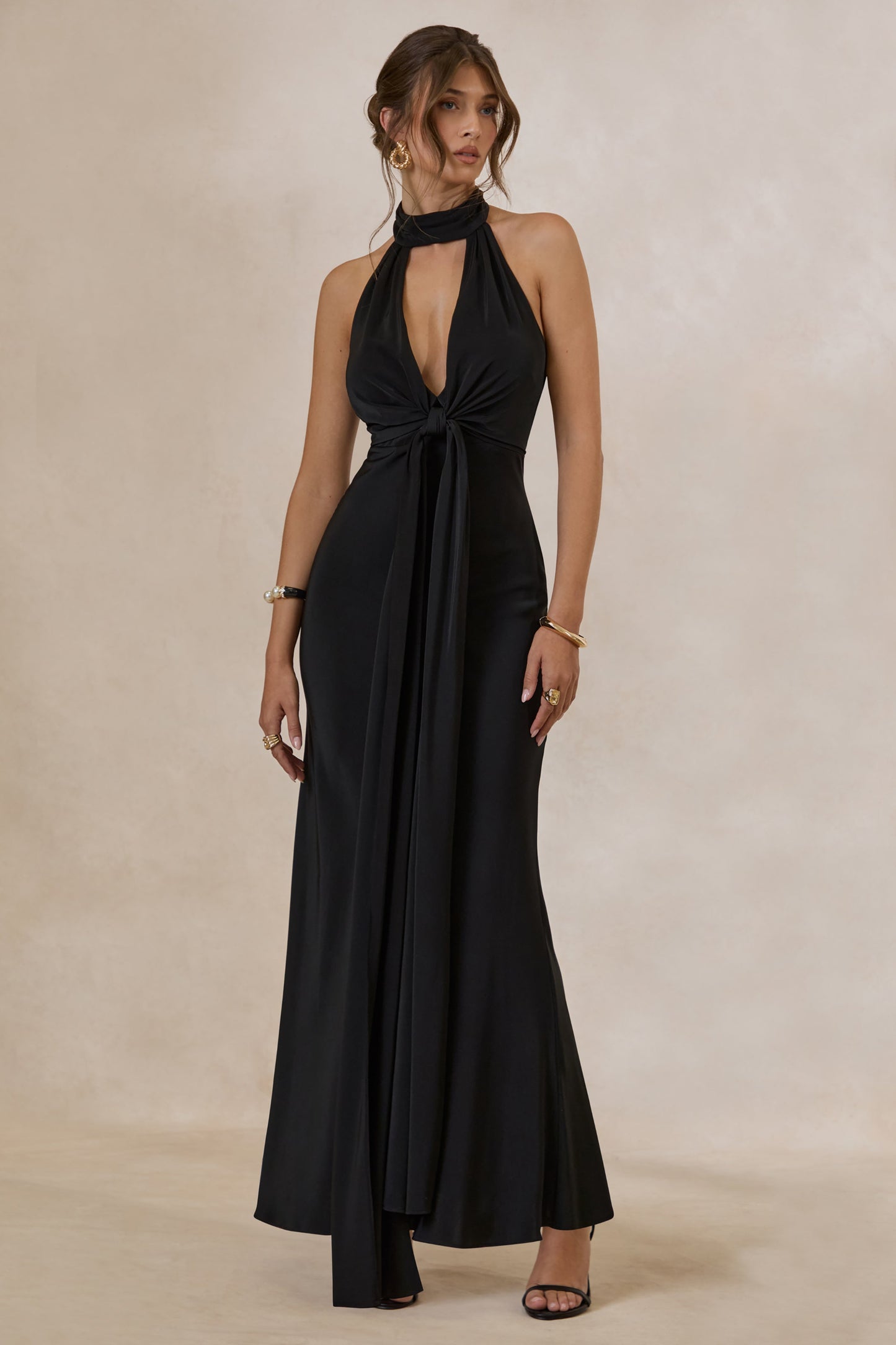 Canella | Black Satin Halter-Neck Maxi Dress With Sash-Detail