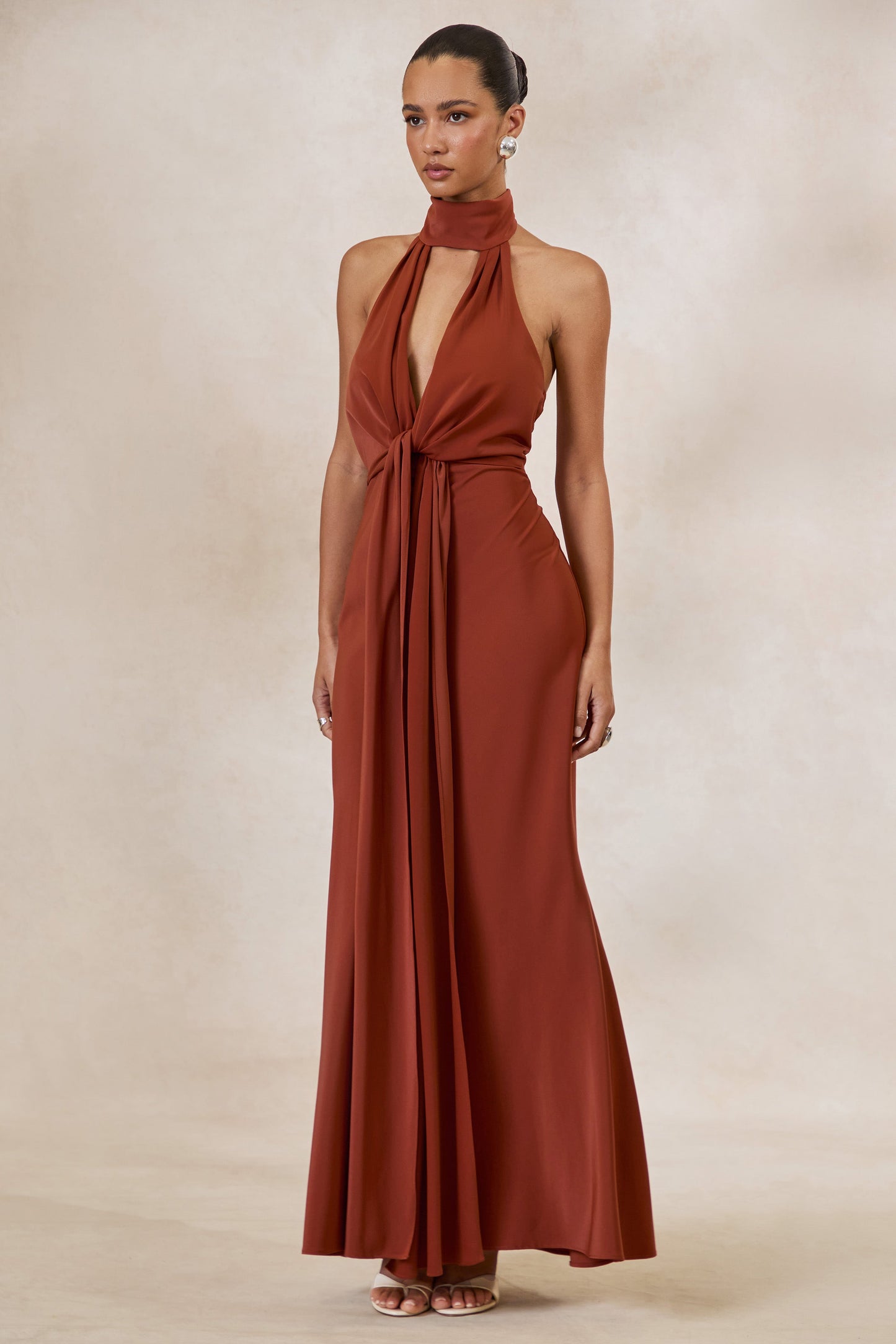 Canella | Rust Satin Halter-Neck Maxi Dress With Sash-Detail