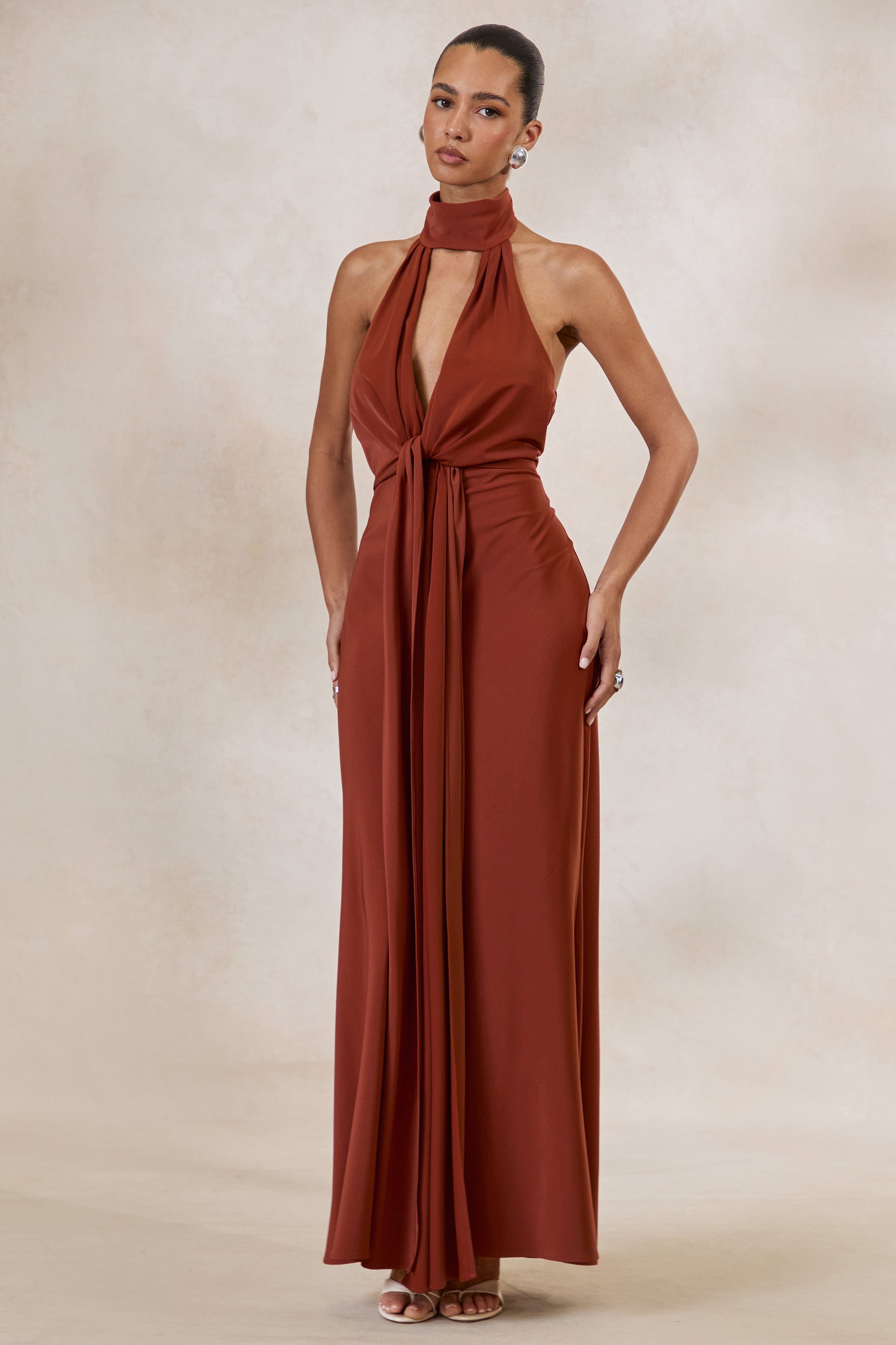Canella | Rust Satin Halter-Neck Maxi Dress With Sash-Detail
