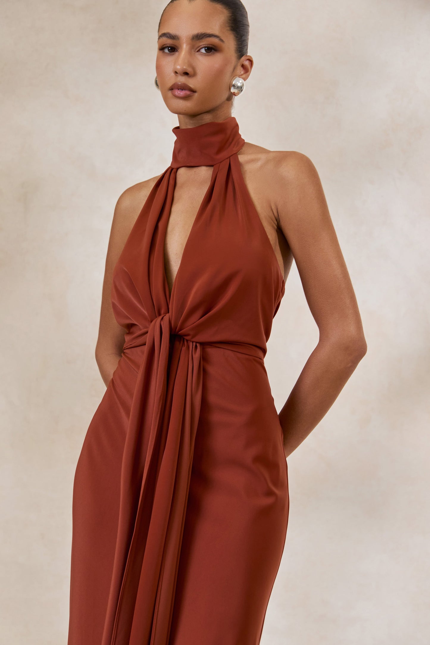 Canella | Rust Satin Halter-Neck Maxi Dress With Sash-Detail