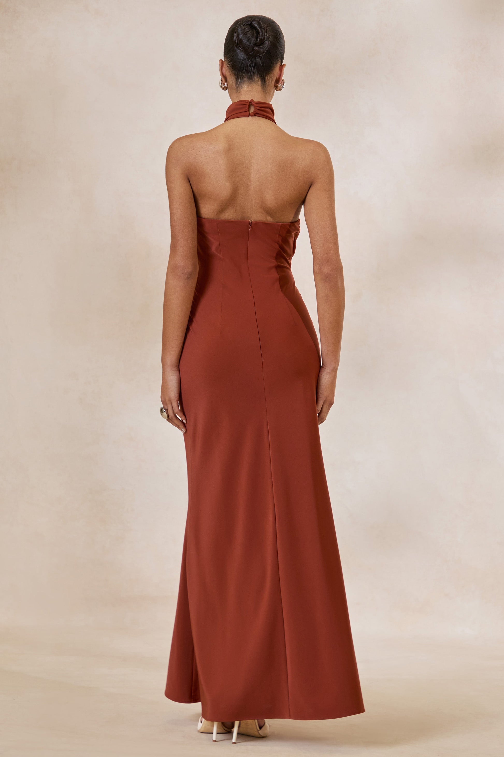 Canella | Rust Satin Halter-Neck Maxi Dress With Sash-Detail