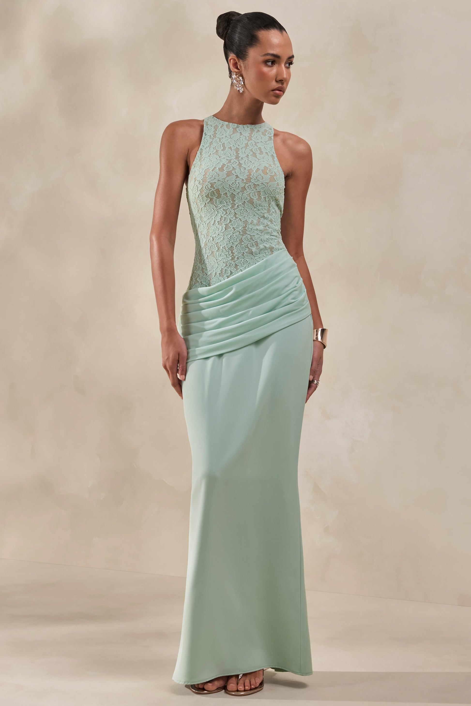 Anthelia | Mint Lace And Satin Racer-Neck Maxi Dress With Draped-Detail