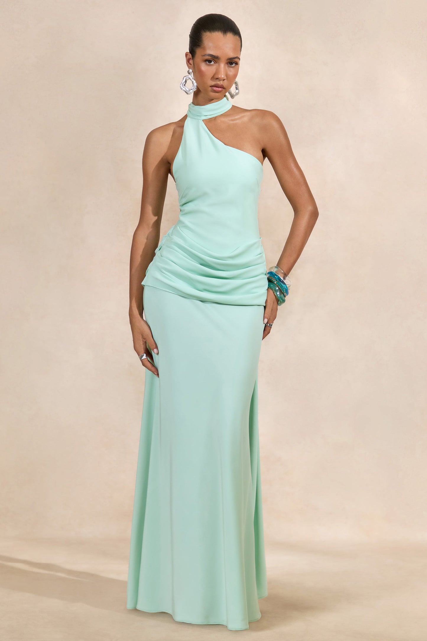 Aevina | Mint Satin Asymmetric-Neck Maxi Dress With Scarf-Detail