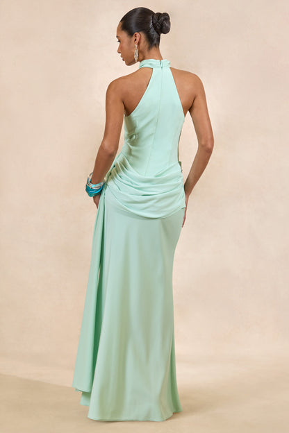 Aevina | Mint Satin Asymmetric-Neck Maxi Dress With Scarf-Detail