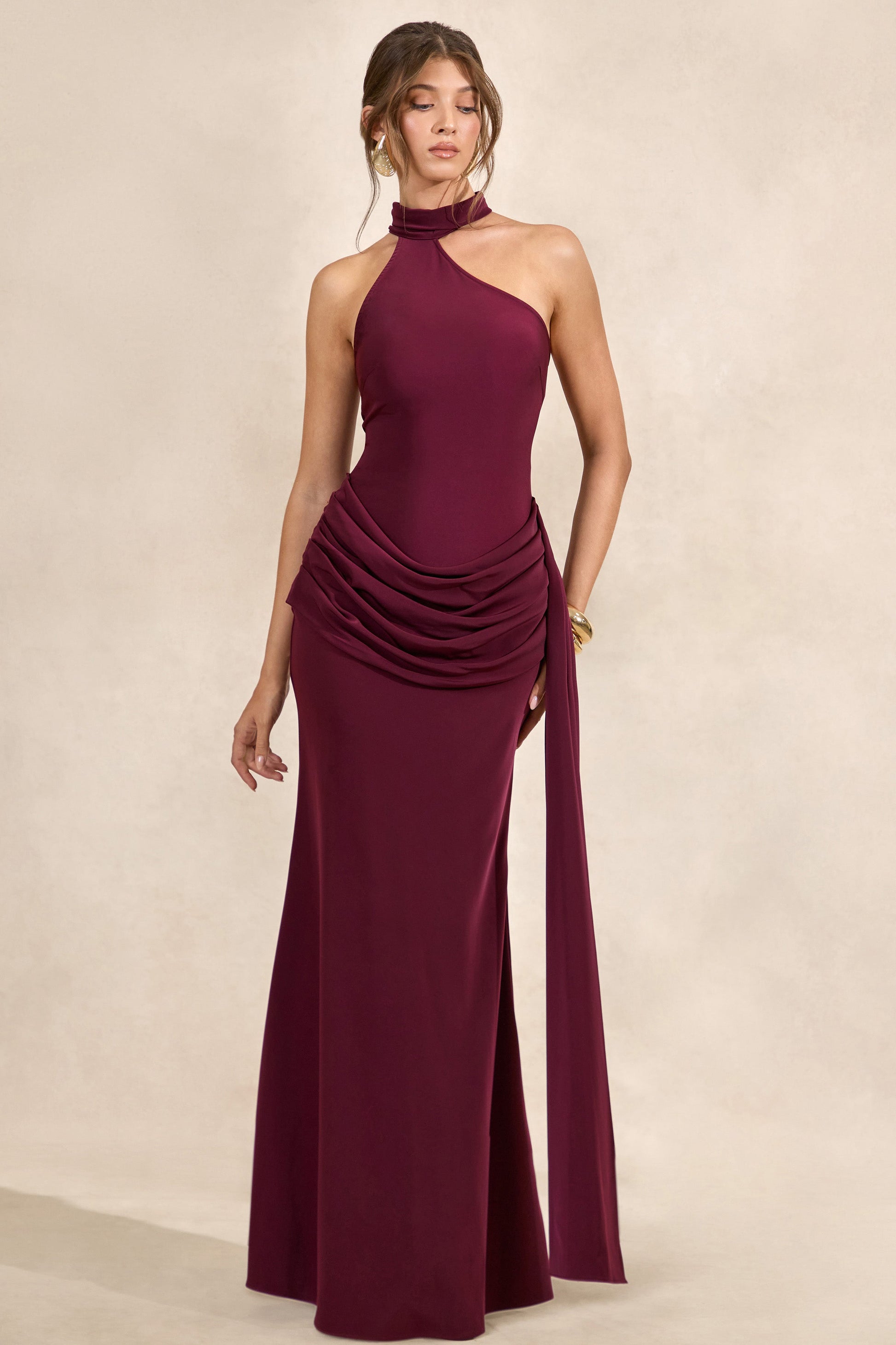 Aevina | Burgundy Satin Asymmetric-Neck Maxi Dress With Scarf-Detail