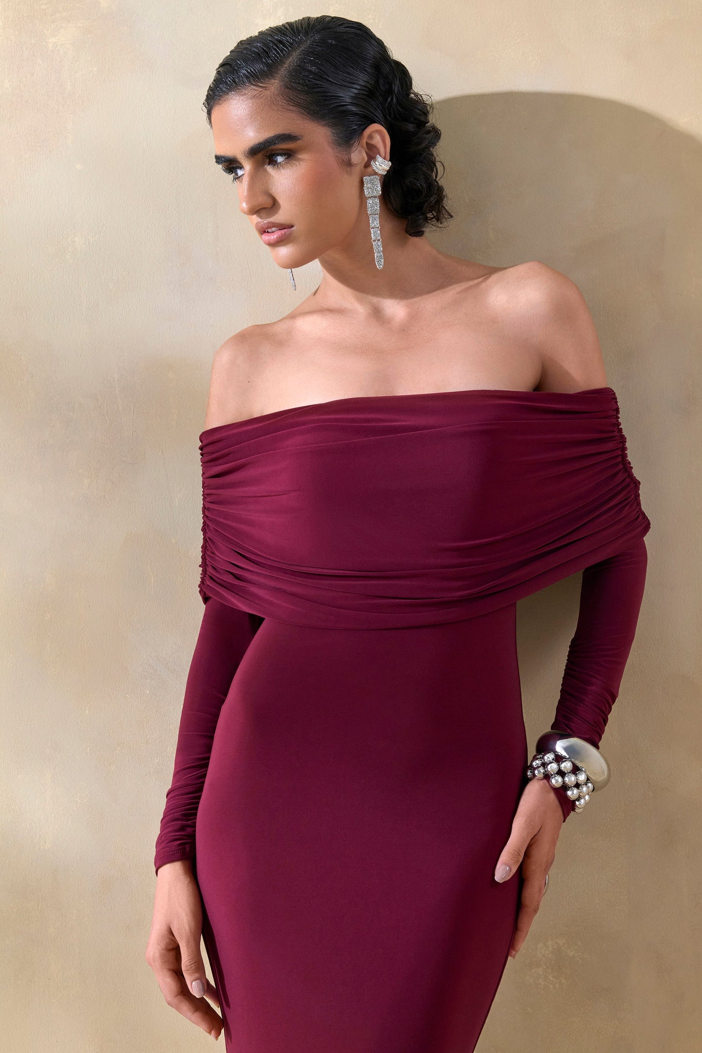 Brisea | Burgundy Bardot-Neck Maxi Dress