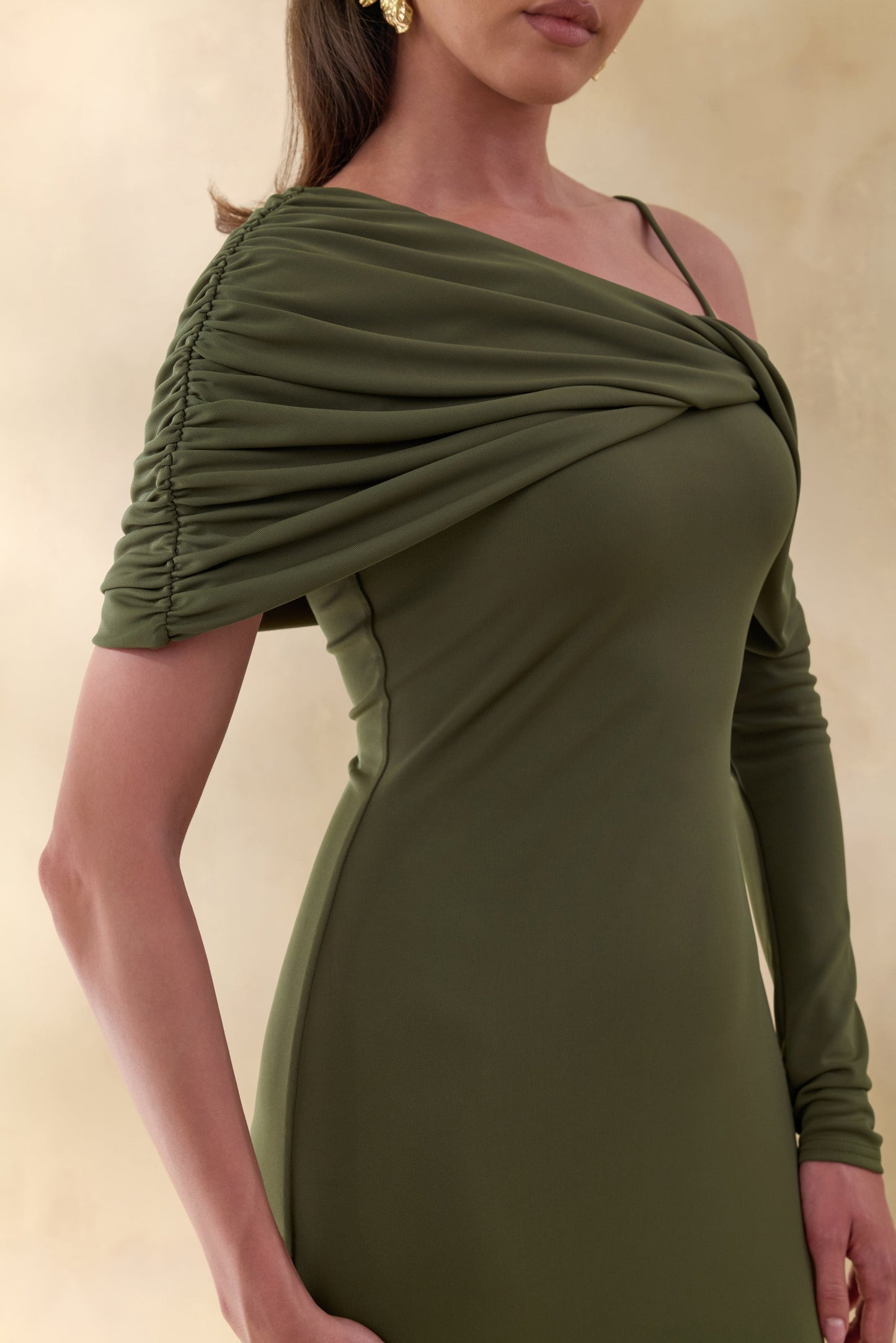 Silvaria | Olive Twisted Asymmetric-Neck Maxi Dress