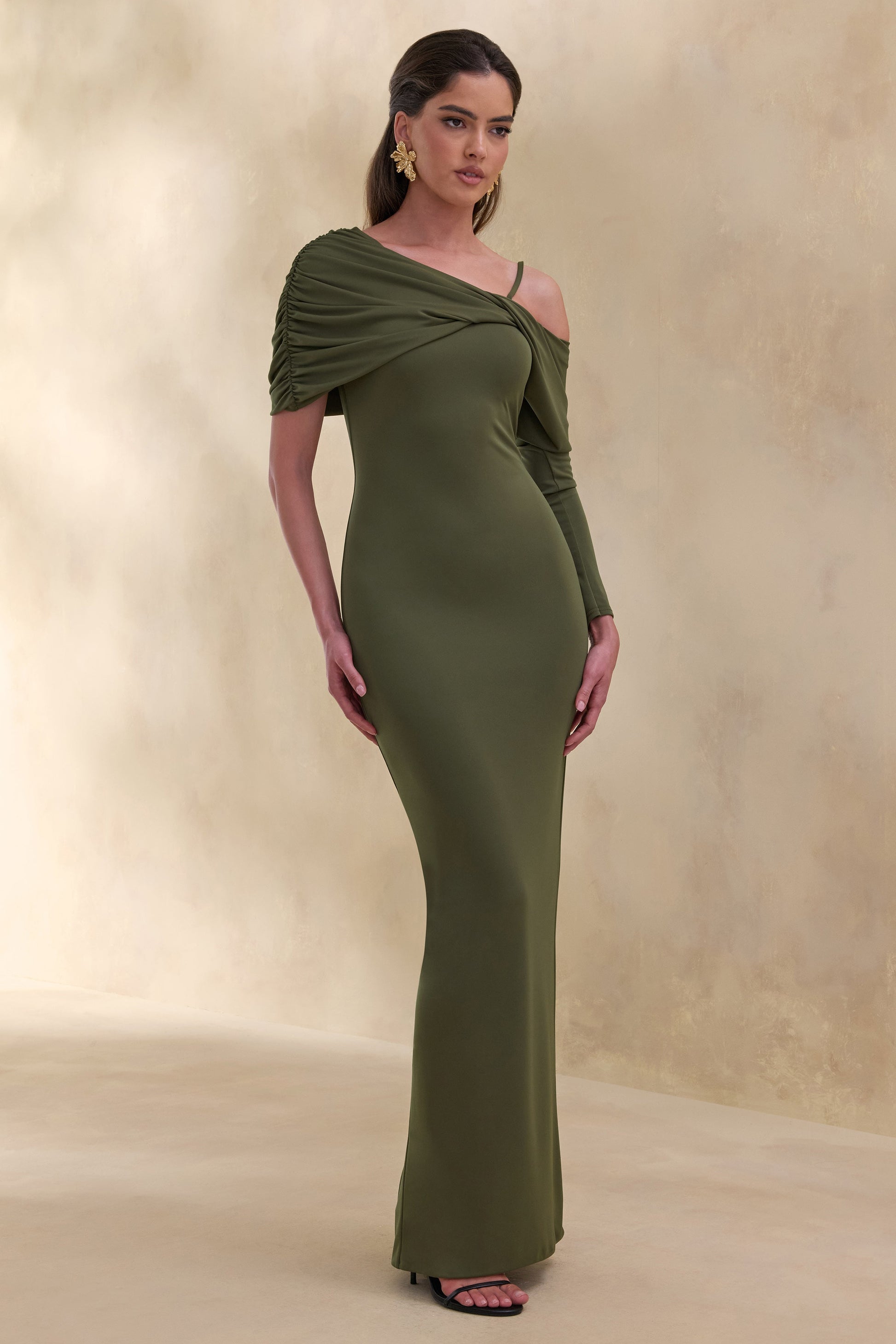 Silvaria | Olive Twisted Asymmetric-Neck Maxi Dress