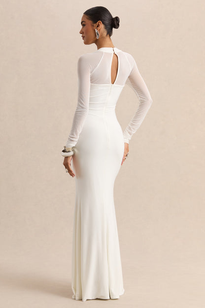 Fleurisia | White Square-Neck Maxi Dress With Mesh Long-Sleeves