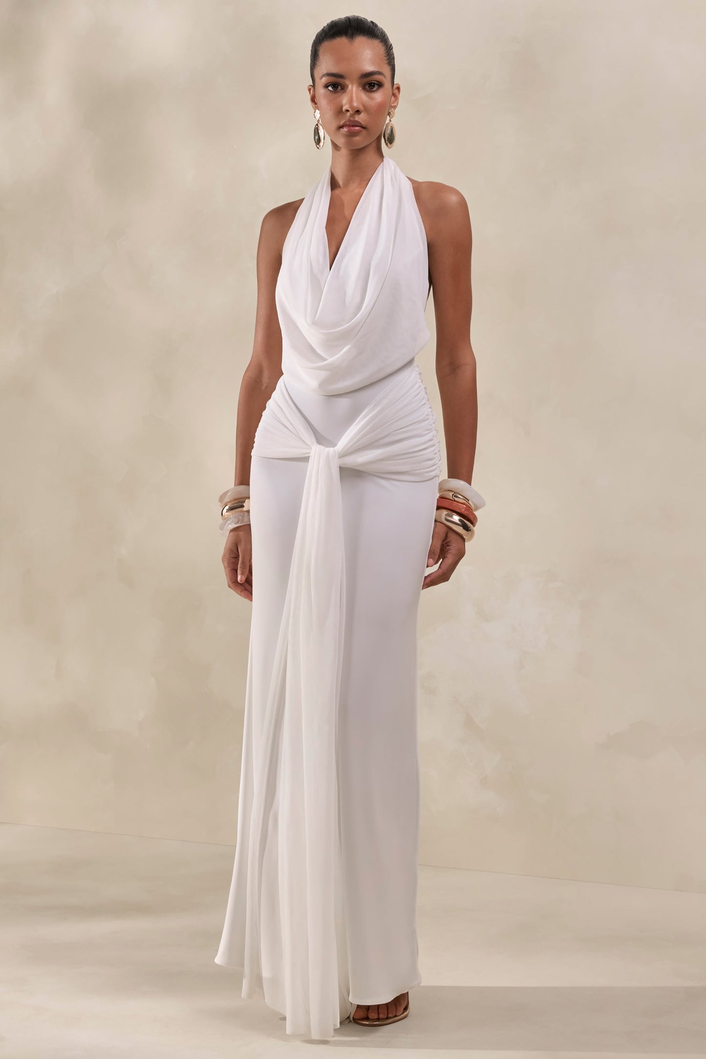 Rosetide | White Cowl-Neck Maxi Dress With Gathered-Detailing And Sash