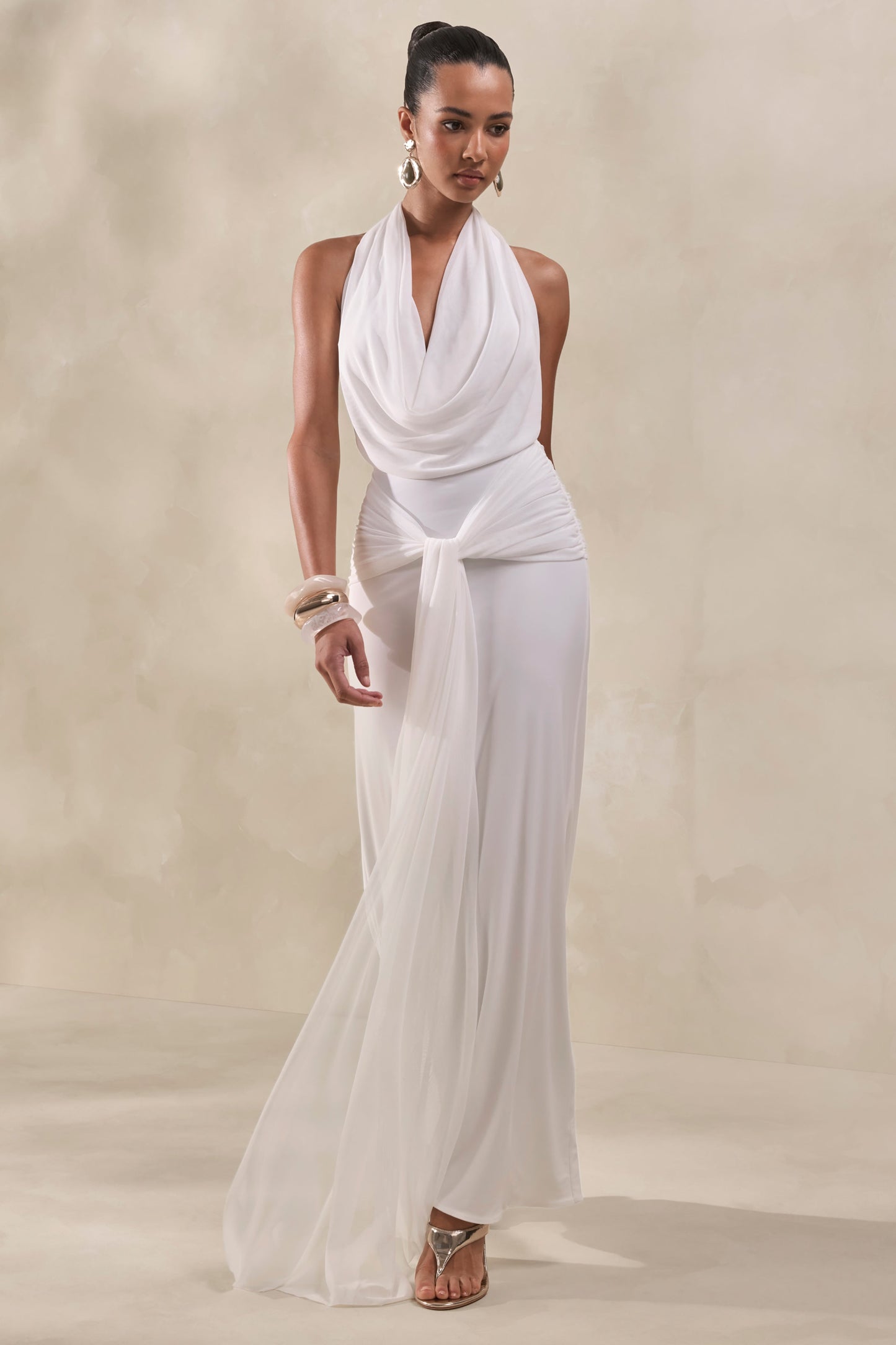 Rosetide | White Cowl-Neck Maxi Dress With Gathered-Detailing And Sash