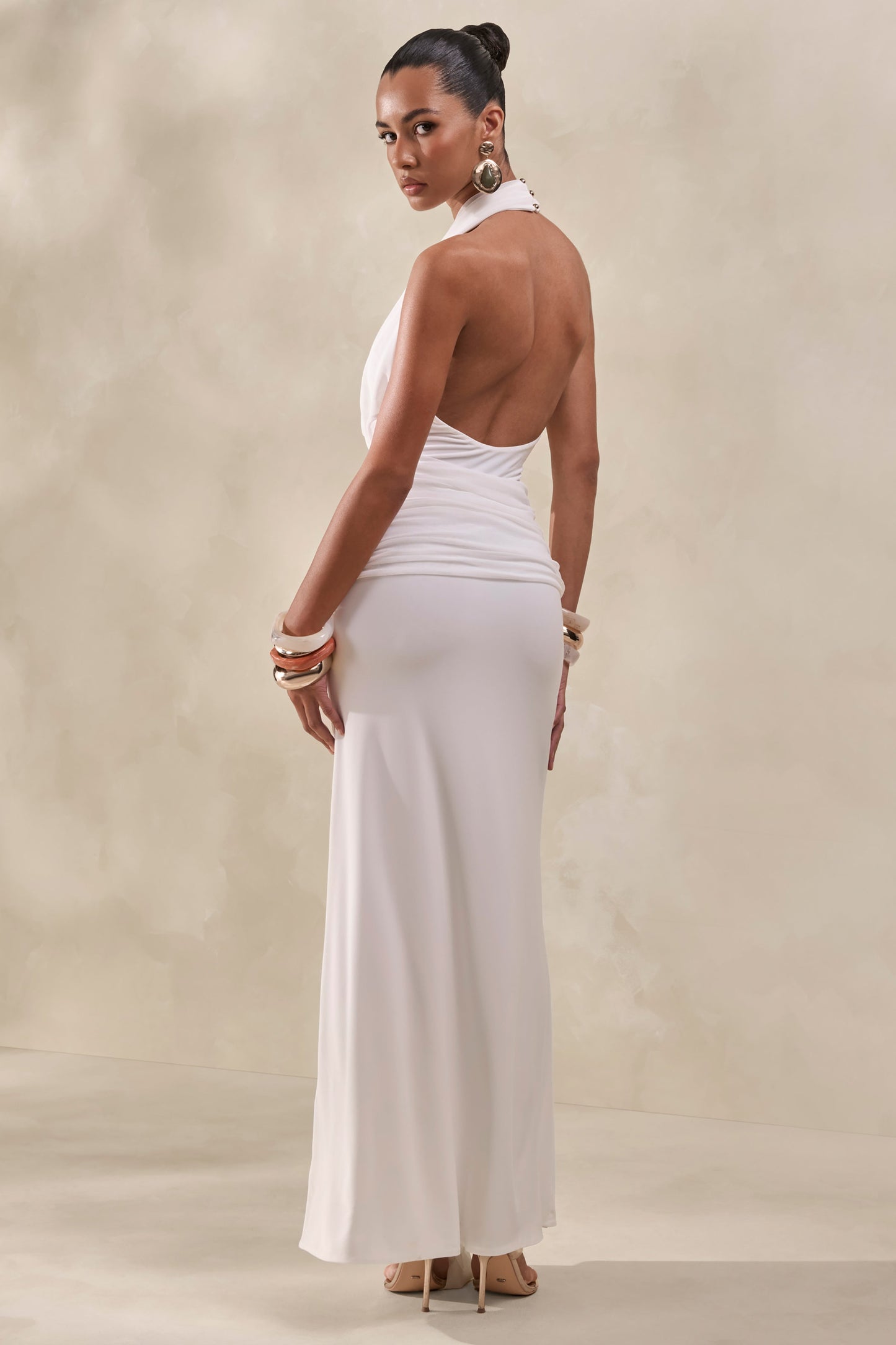 Rosetide | White Cowl-Neck Maxi Dress With Gathered-Detailing And Sash