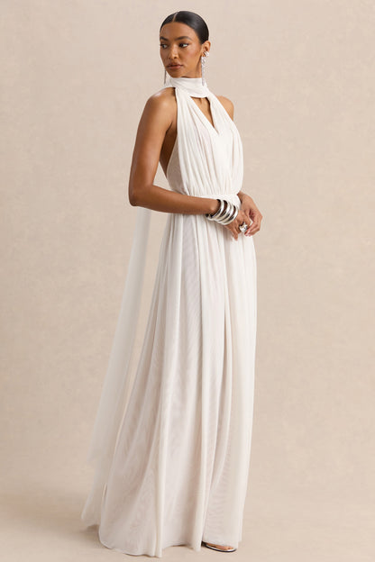 Rylina | White Mesh Halter-Neck Maxi Dress With Scarf And Open-Back