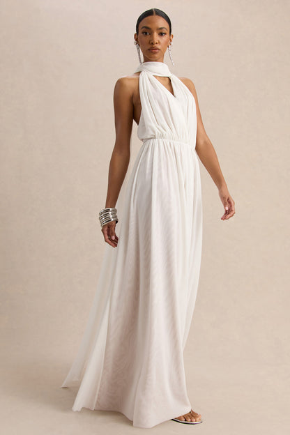 Rylina | White Mesh Halter-Neck Maxi Dress With Scarf And Open-Back