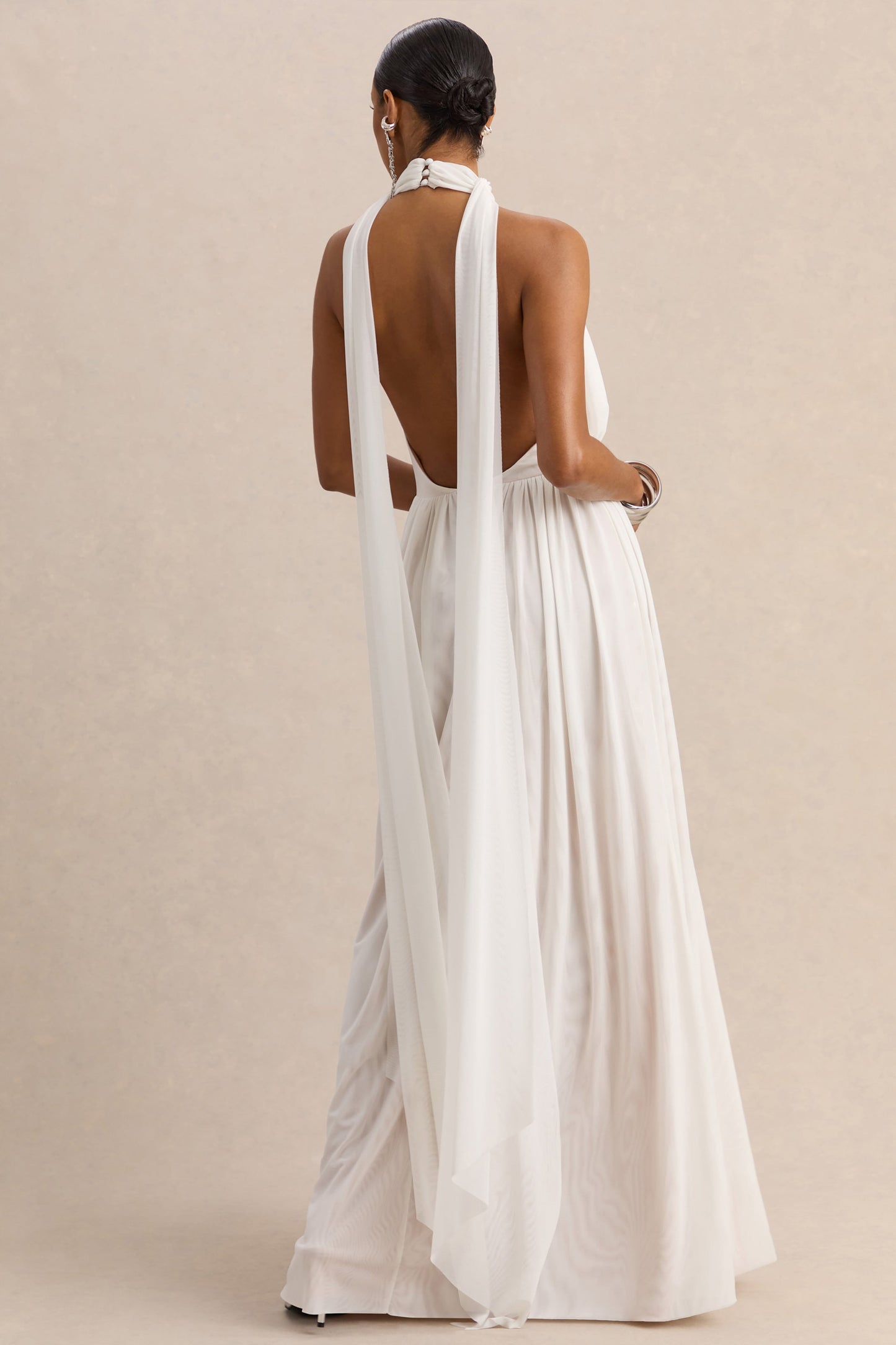 Rylina | White Mesh Halter-Neck Maxi Dress With Scarf And Open-Back