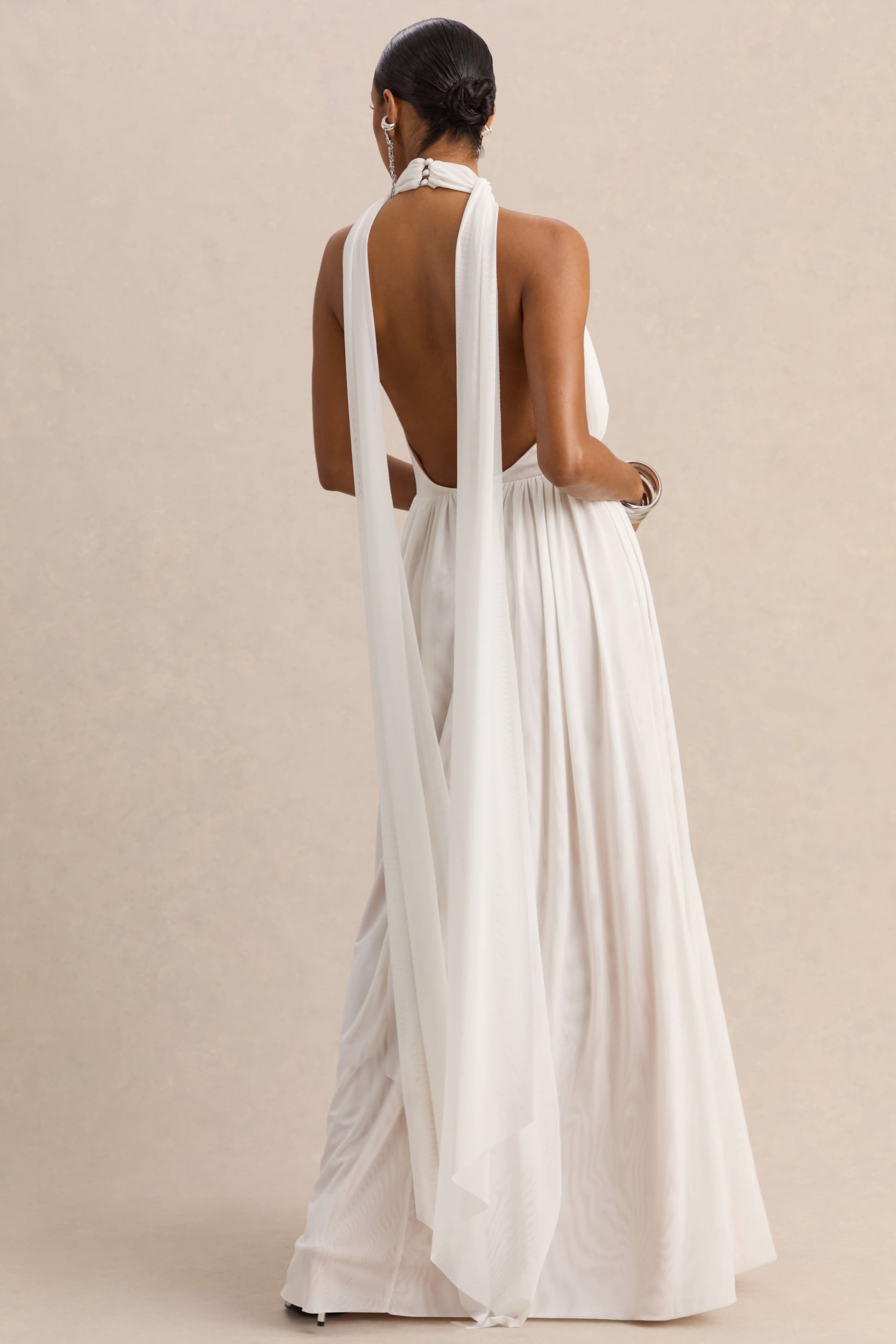 Rylina | White Mesh Halter-Neck Maxi Dress With Scarf And Open-Back