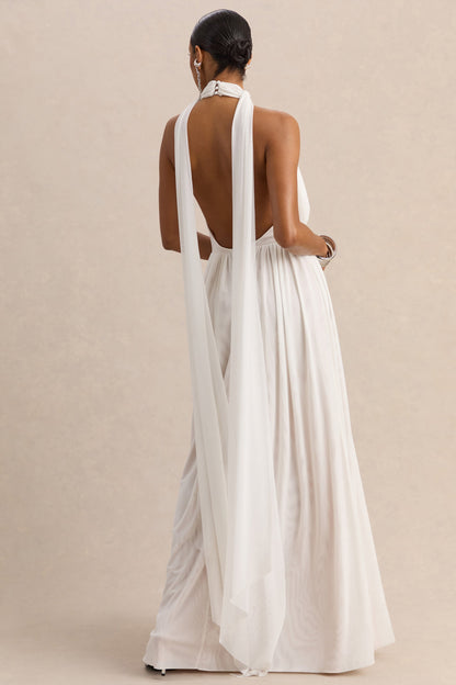 Rylina | White Mesh Halter-Neck Maxi Dress With Scarf And Open-Back
